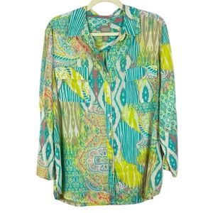 Chico's 100% Cotton No-Iron Vibrant Paisley Button-Down Roll-Up Sleeve XL Blouse